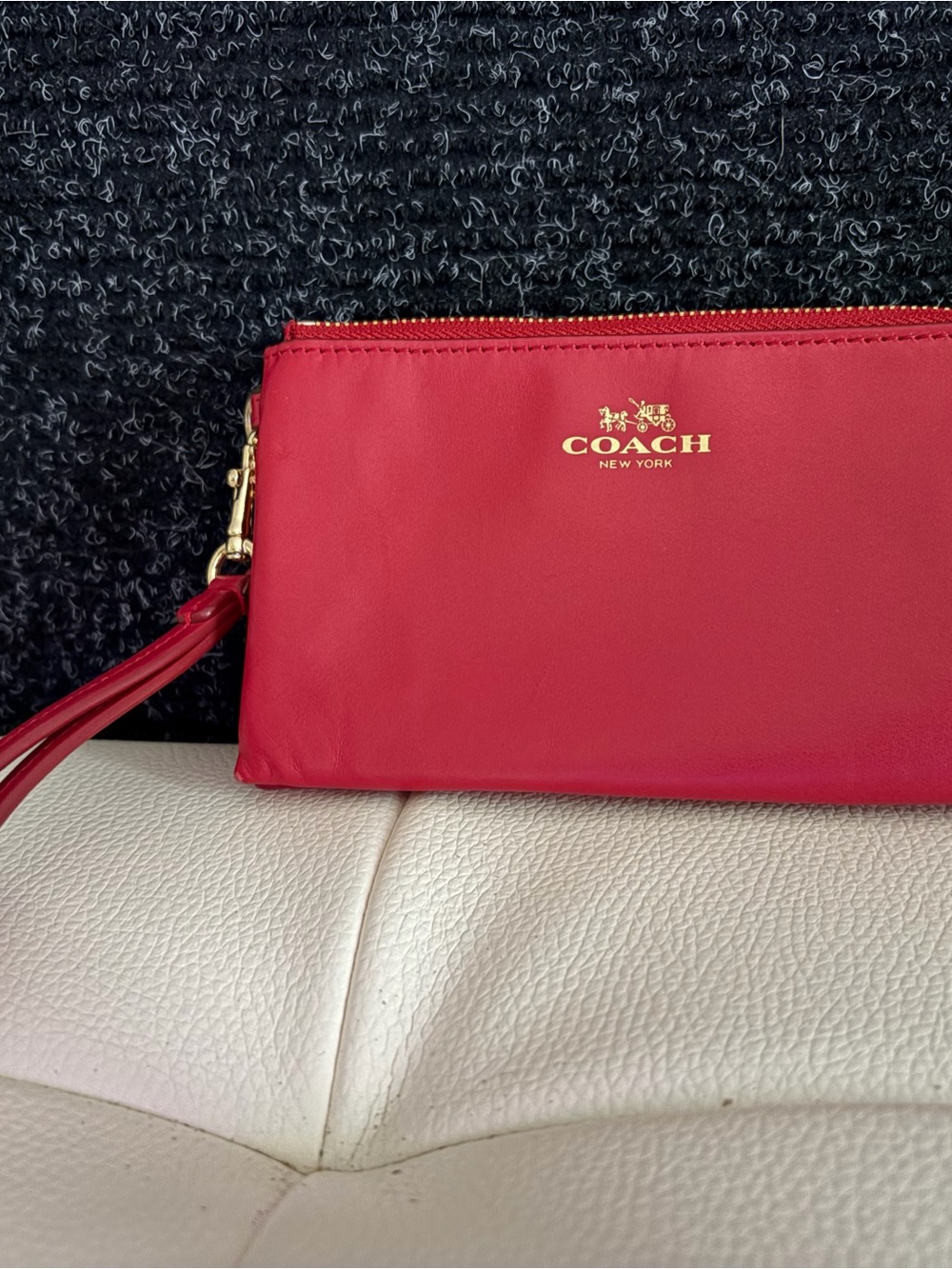 Coach Red Leather double zip Wristlet with Gold Logo
